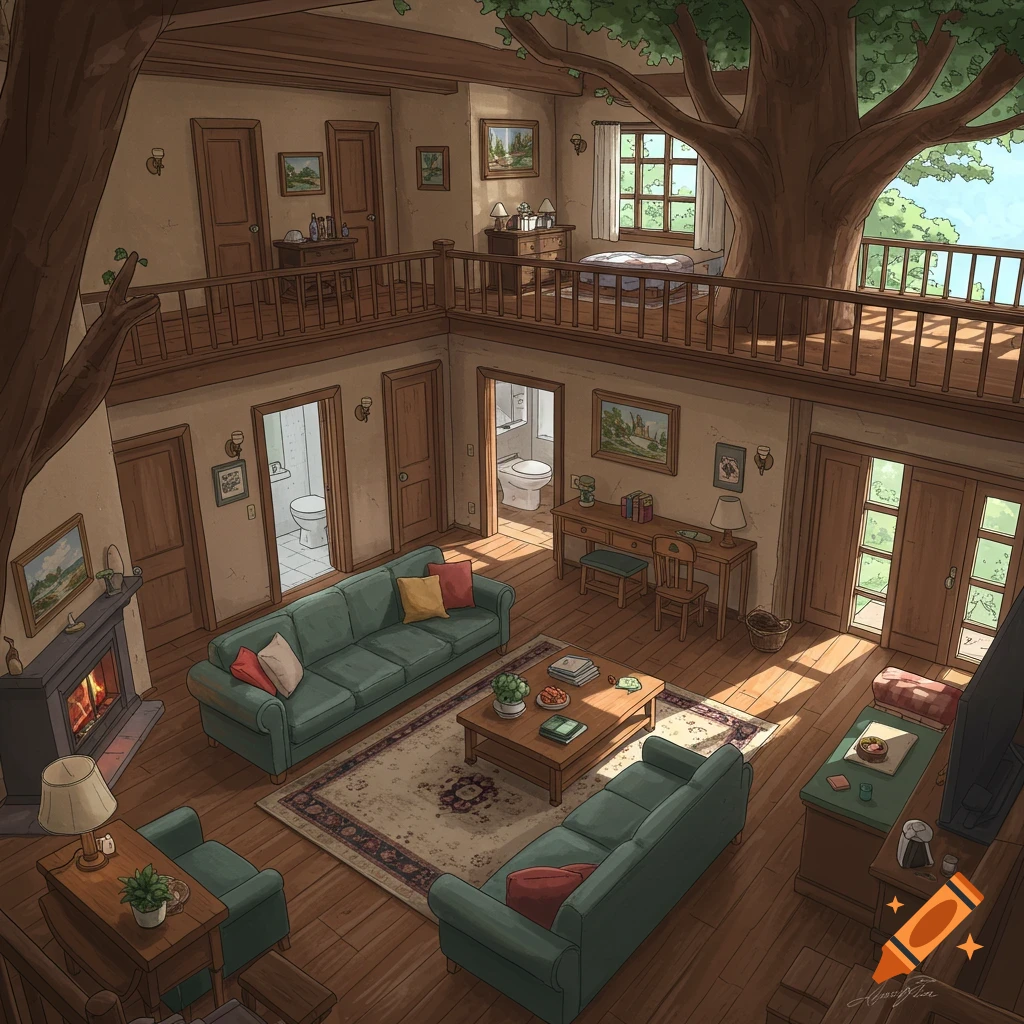 A multi-level room with a large tree growing through it, featuring living areas, bedrooms, and bathrooms.