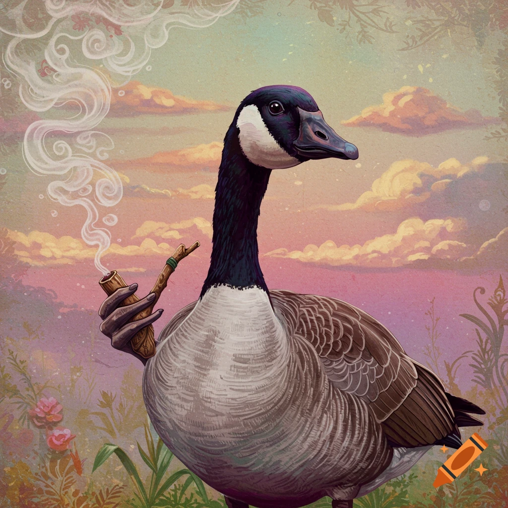 A Canada goose is holding and smoking a pipe in a field.