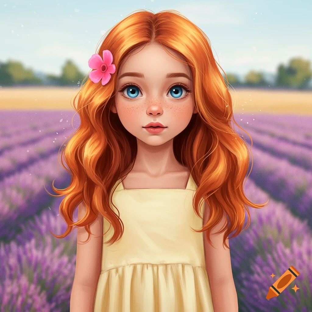 A young girl with red hair and blue eyes in a lavender field.