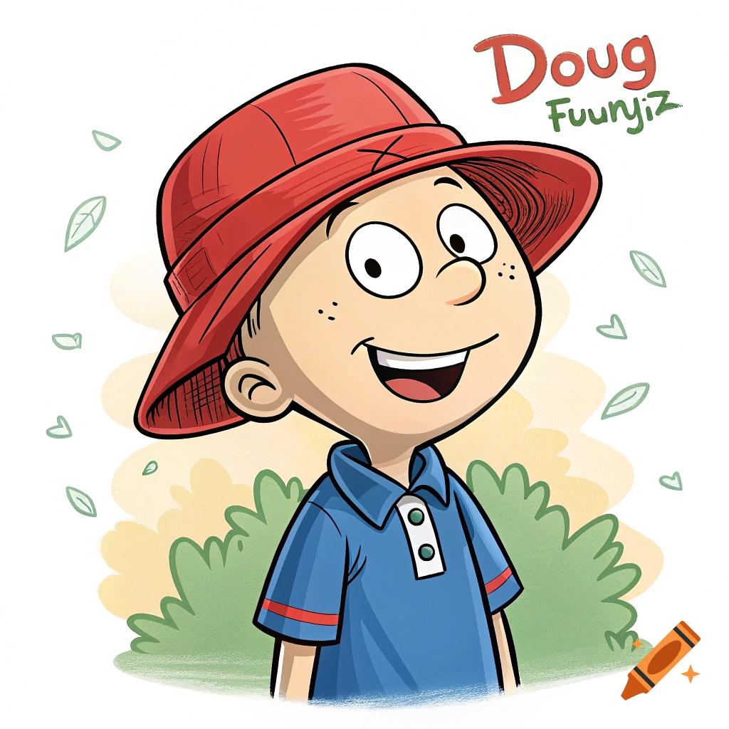Cartoon illustration of a boy resembling Doug Funnie wearing a red hat and blue shirt, smiling.
