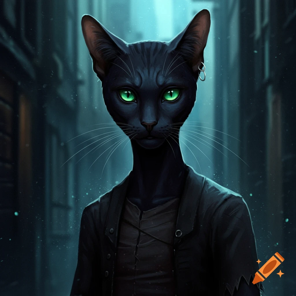 A black humanoid cat with glowing green eyes and an earring wears a jacket in a dark alley.