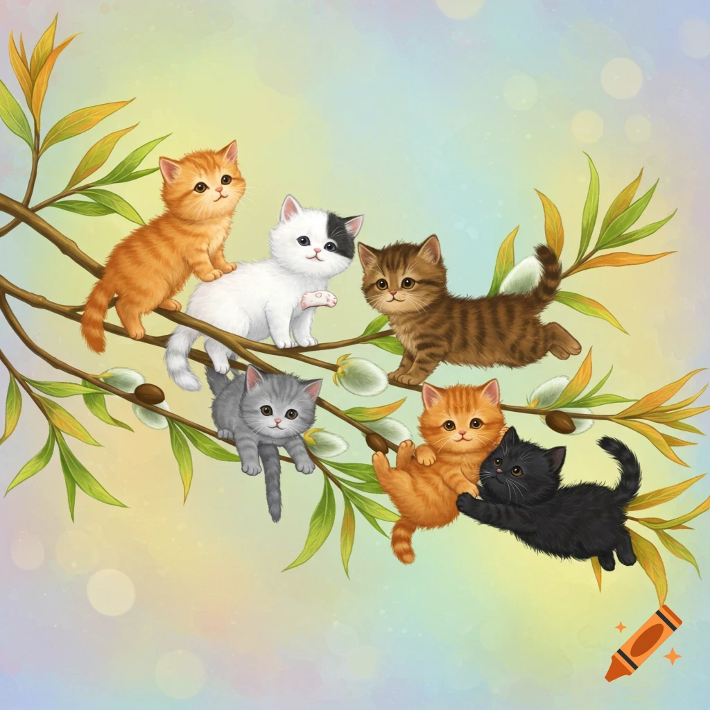 Several colorful kittens are sitting and climbing on a tree branch with pussy willows.