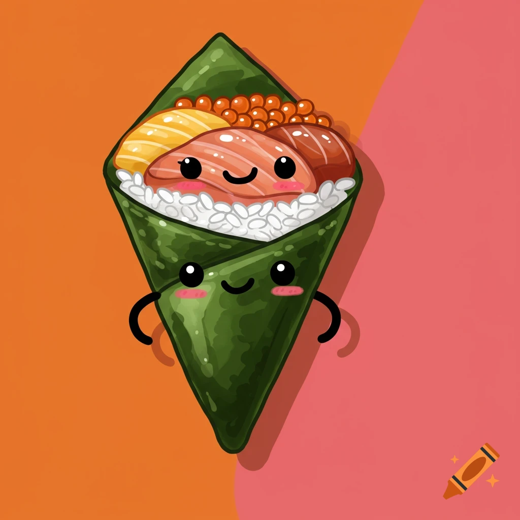A cute cartoon sushi hand roll character with a face.