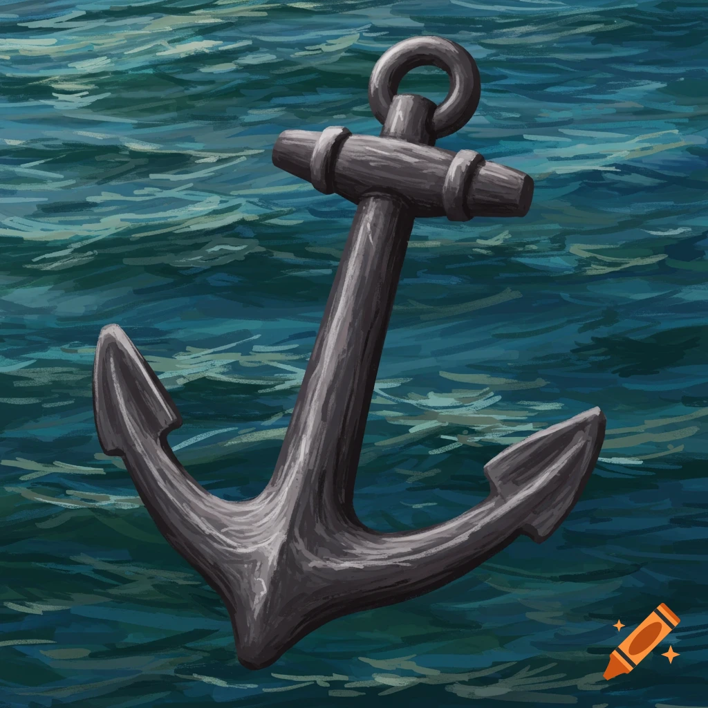 A dark gray anchor against a background of dark blue water.