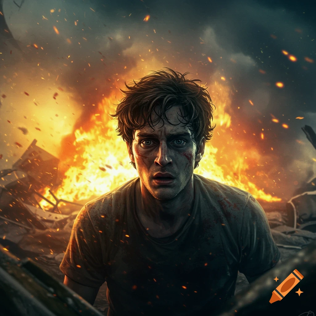 A young man with a shocked expression stands amidst fire and wreckage in a dramatic, cinematic style.