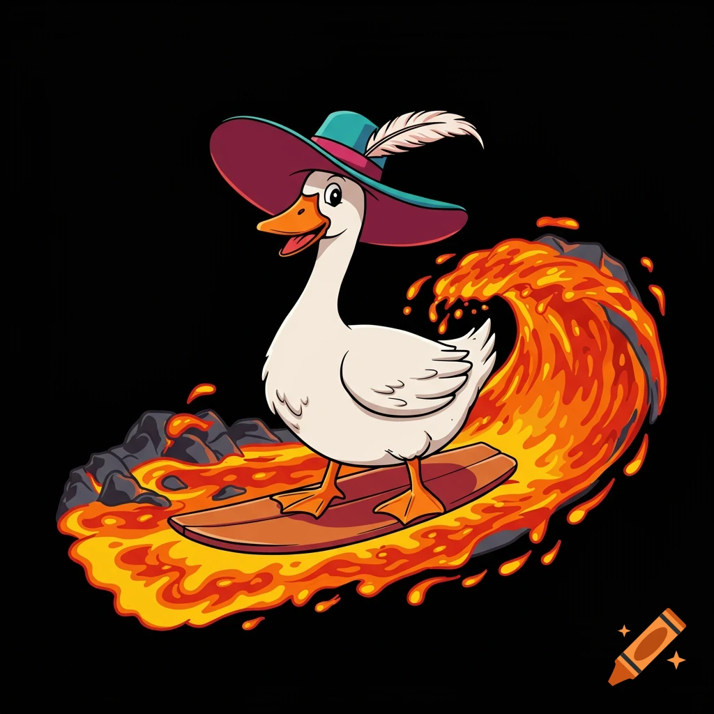 A white goose wearing a large hat surfs on a wave of lava in a vector art style.