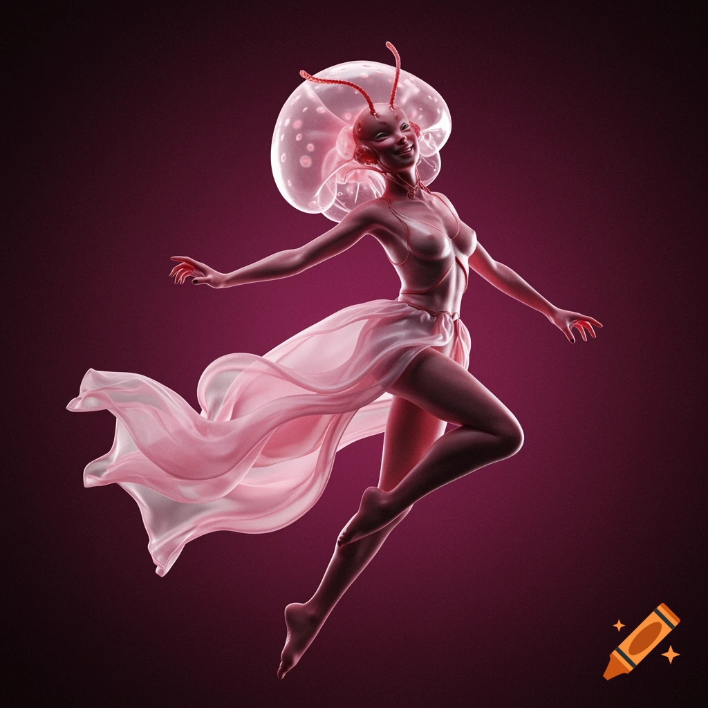 A surreal insectoid woman with a translucent jellyfish head and flowing pink dress levitates.