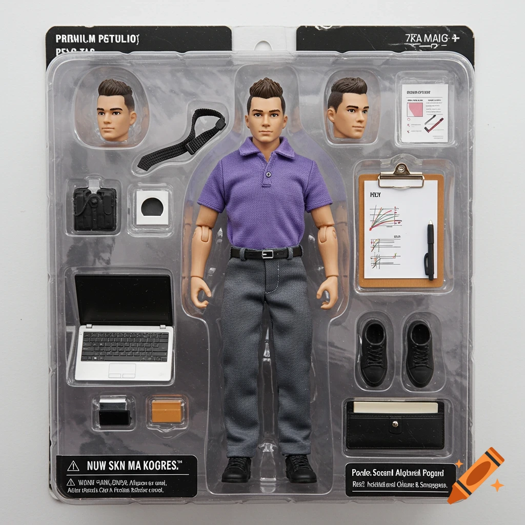 Photorealistic action figure set in packaging with male figure, laptop, and clipboard.