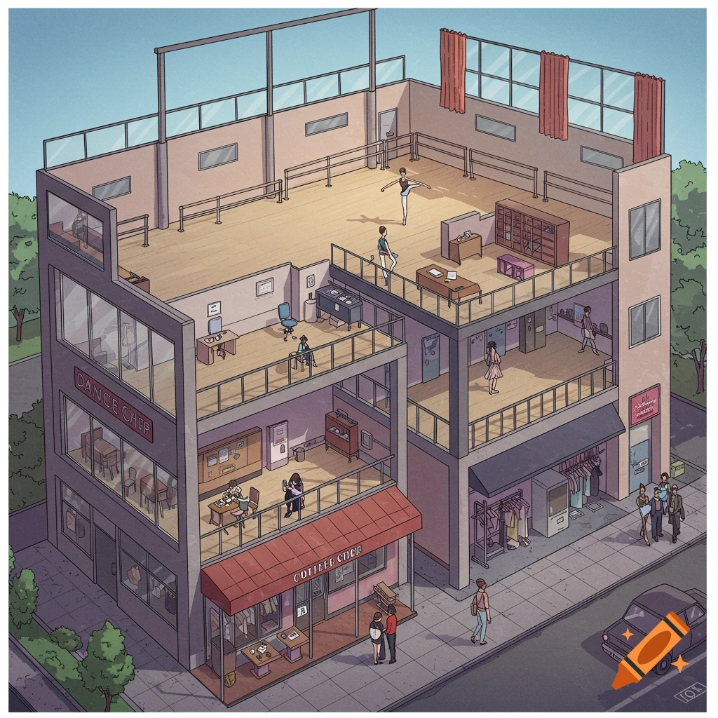 A cross-section illustration of a building with levels containing a dance studio, offices, coffee shop, and stores. People are visible inside and outside.