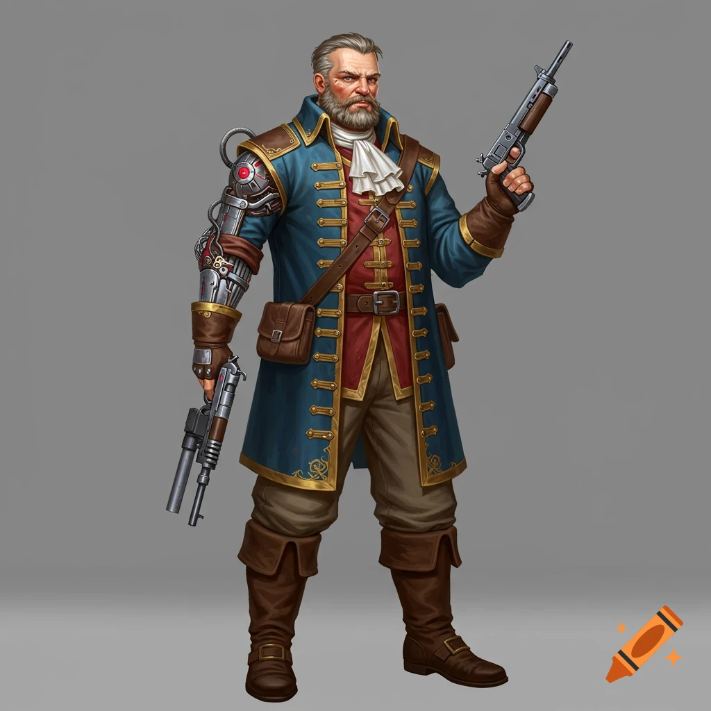 A stern man with a beard and a bionic arm wears a coat and holds two guns.