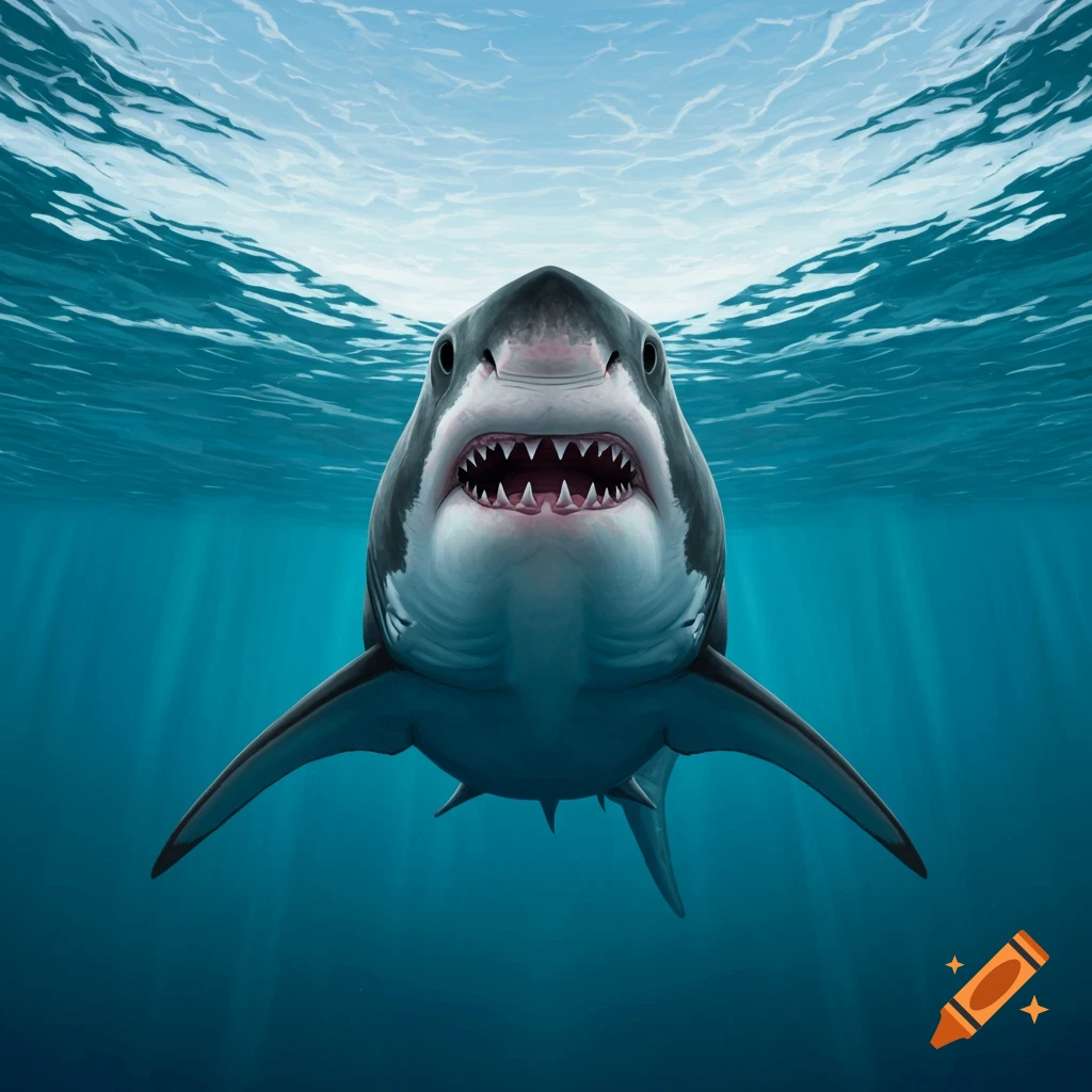 A great white shark swimming underwater towards the camera.