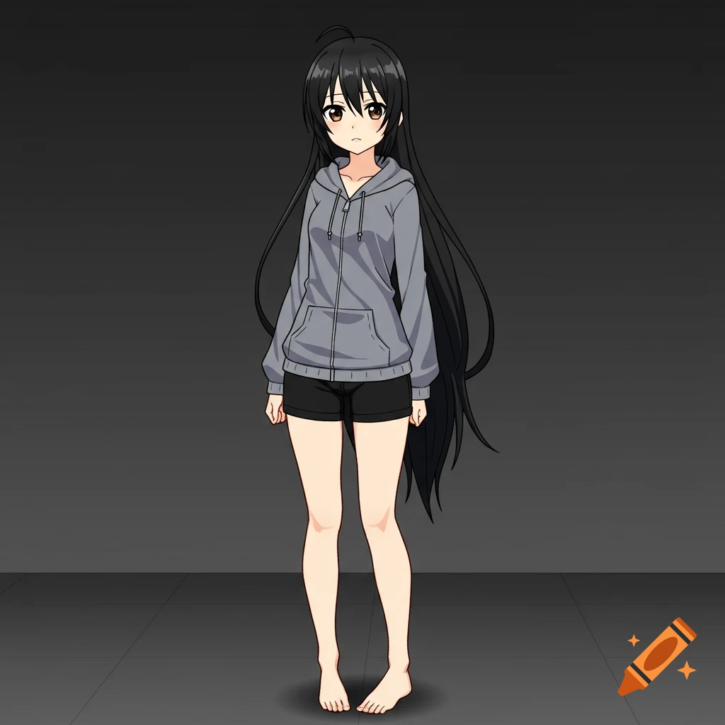 Anime illustration of a girl with long black hair, grey hoodie, and black shorts.