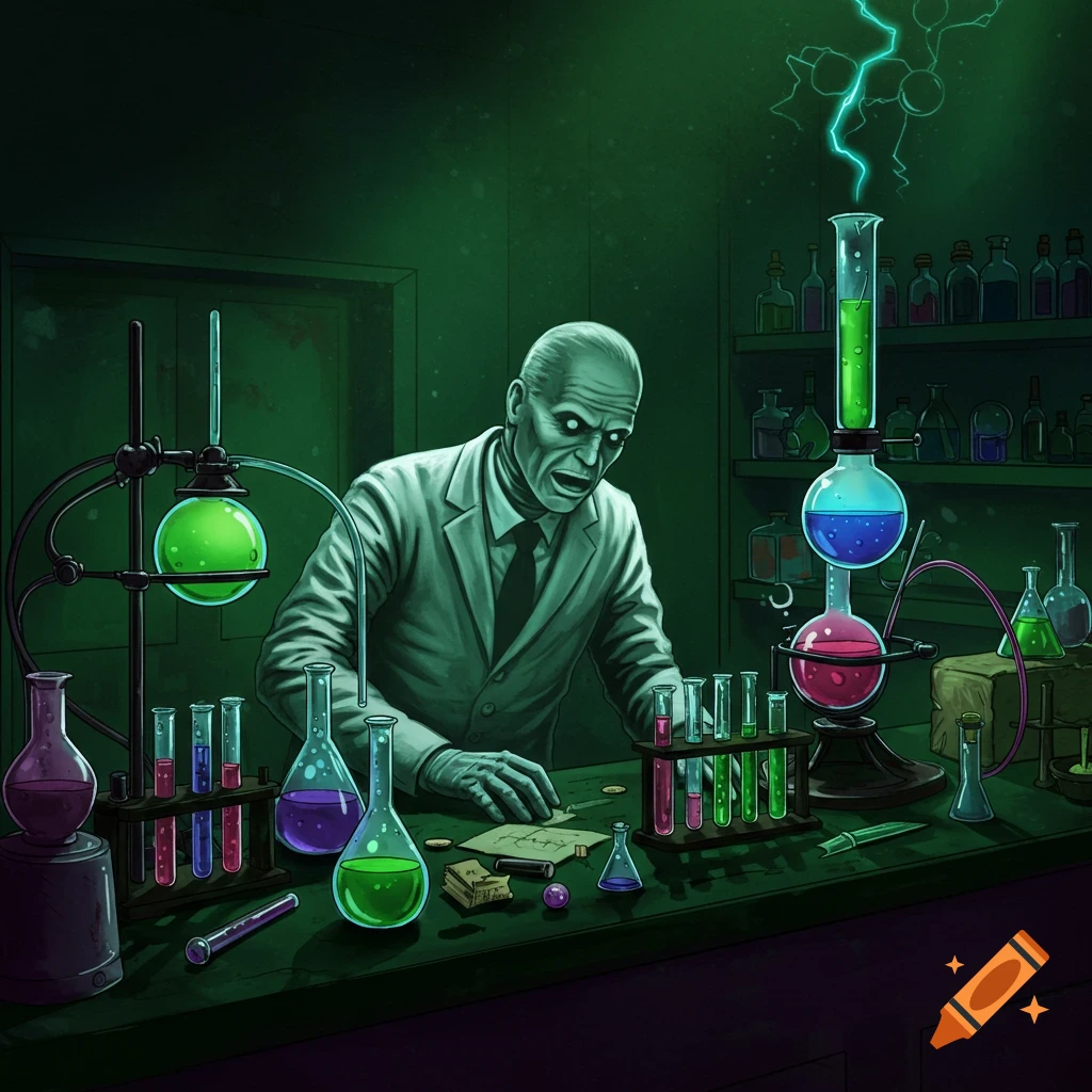A gaunt scientist in a lab coat works at a bench with colorful chemicals and lab equipment.