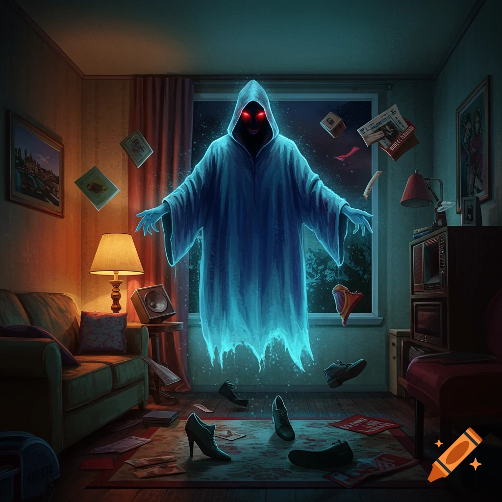 A glowing blue poltergeist hovers in an 80s living room with floating objects and shoes.