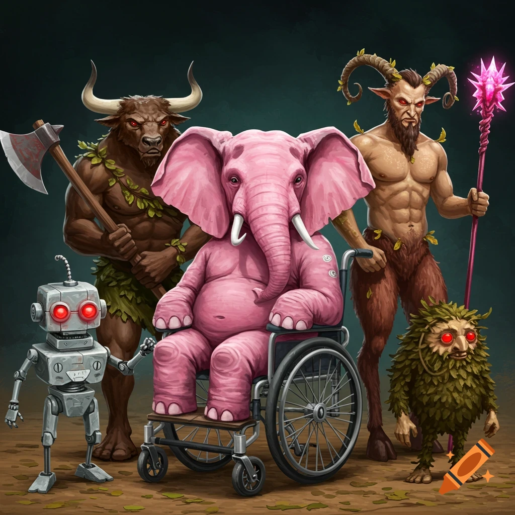 Fantasy creatures: a pink elephant in a wheelchair, minotaur, satyr, robot, and leafy creature.