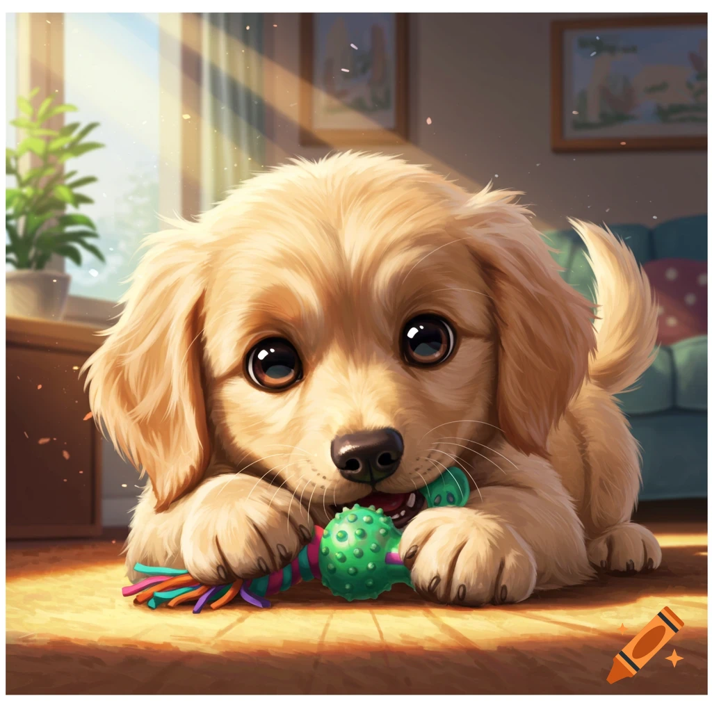 A golden retriever puppy is playing with a toy on the floor.