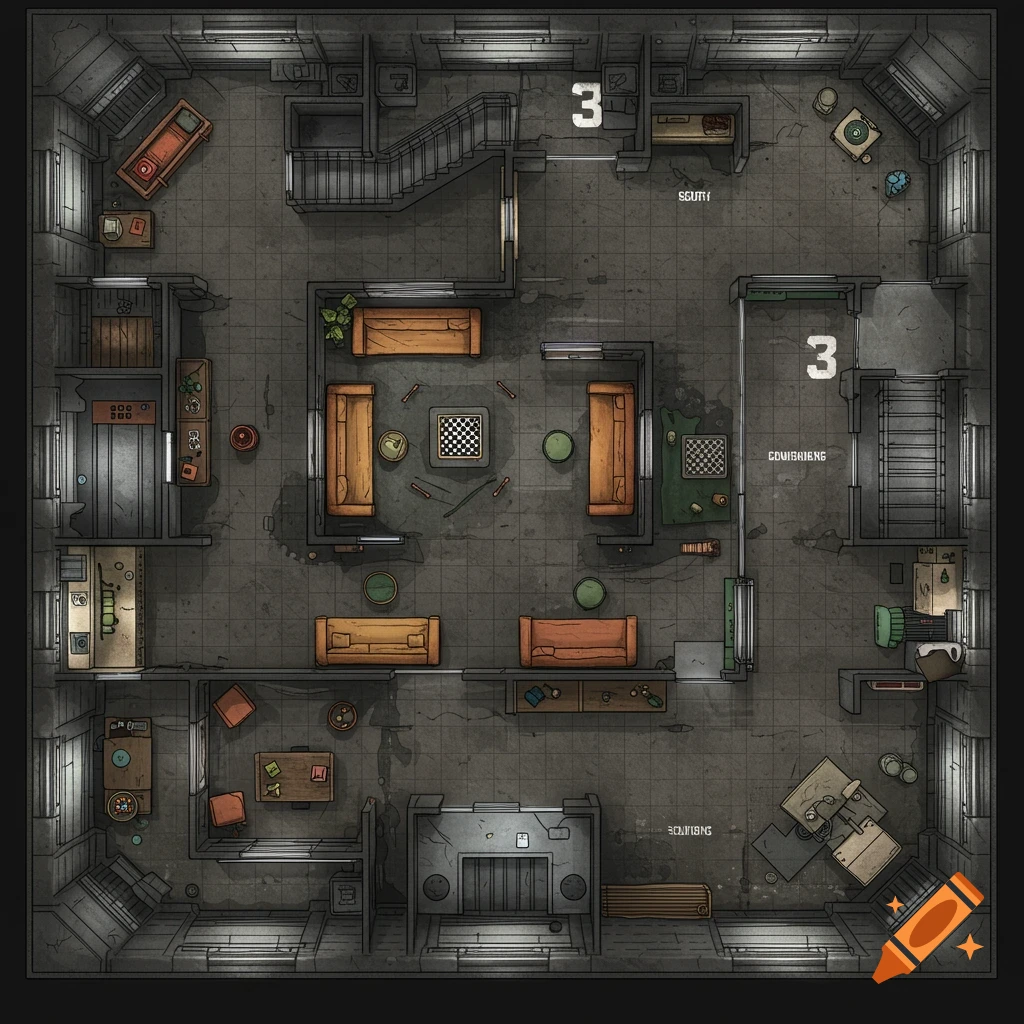 Top-down blueprint-style map of a retro-futuristic underground facility common area with lounge furniture and stairs.