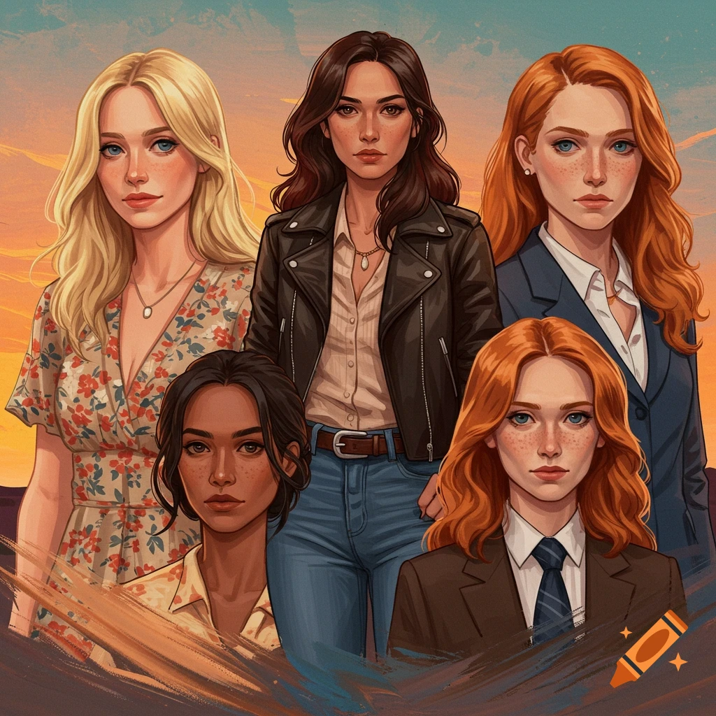 Five women with different hairstyles and clothing against a sunset backdrop.