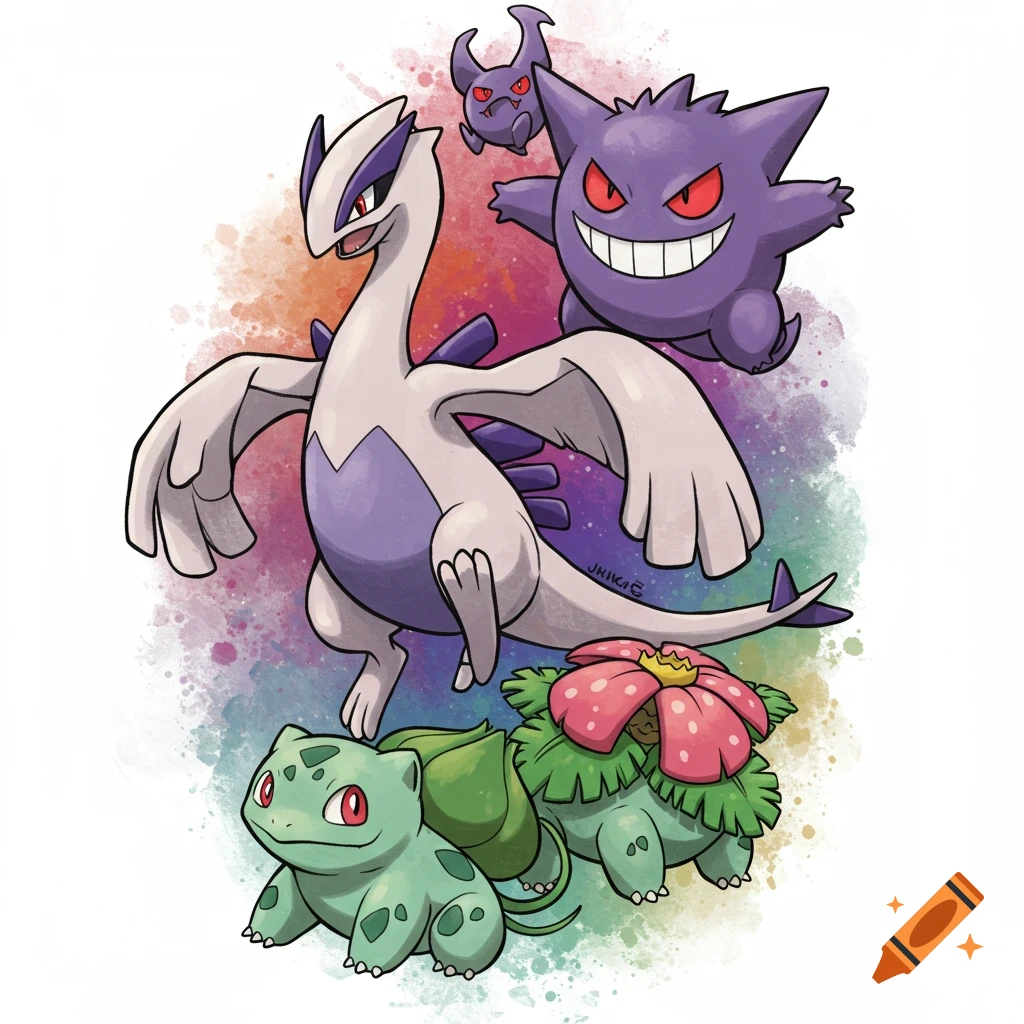 Lugia, Gengar, Gastly, Bulbasaur, and Venusaur against a watercolor splash background.