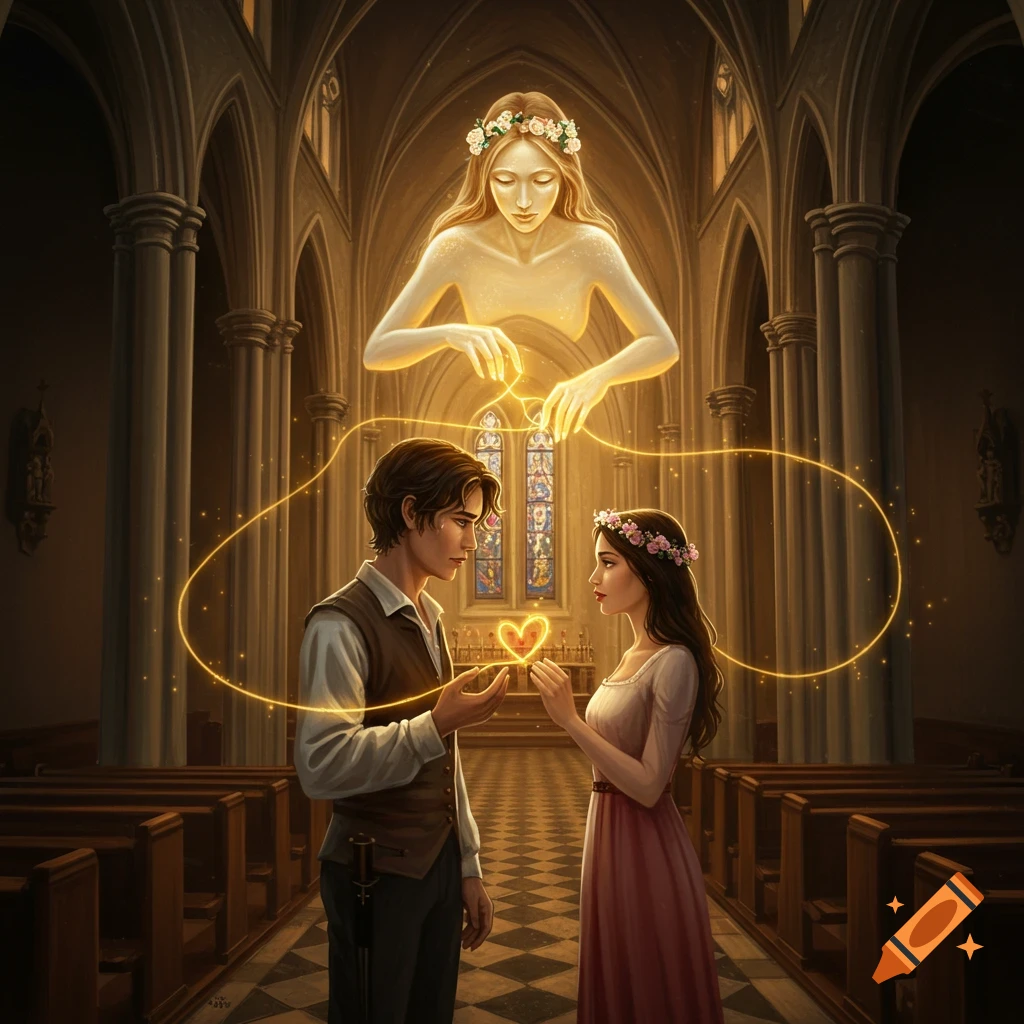 A couple and an ethereal figure connected by glowing threads in a church.