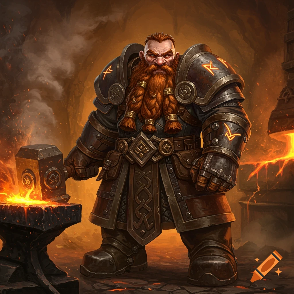 A muscular dwarf blacksmith holding a hammer next to a fiery anvil in a forge.