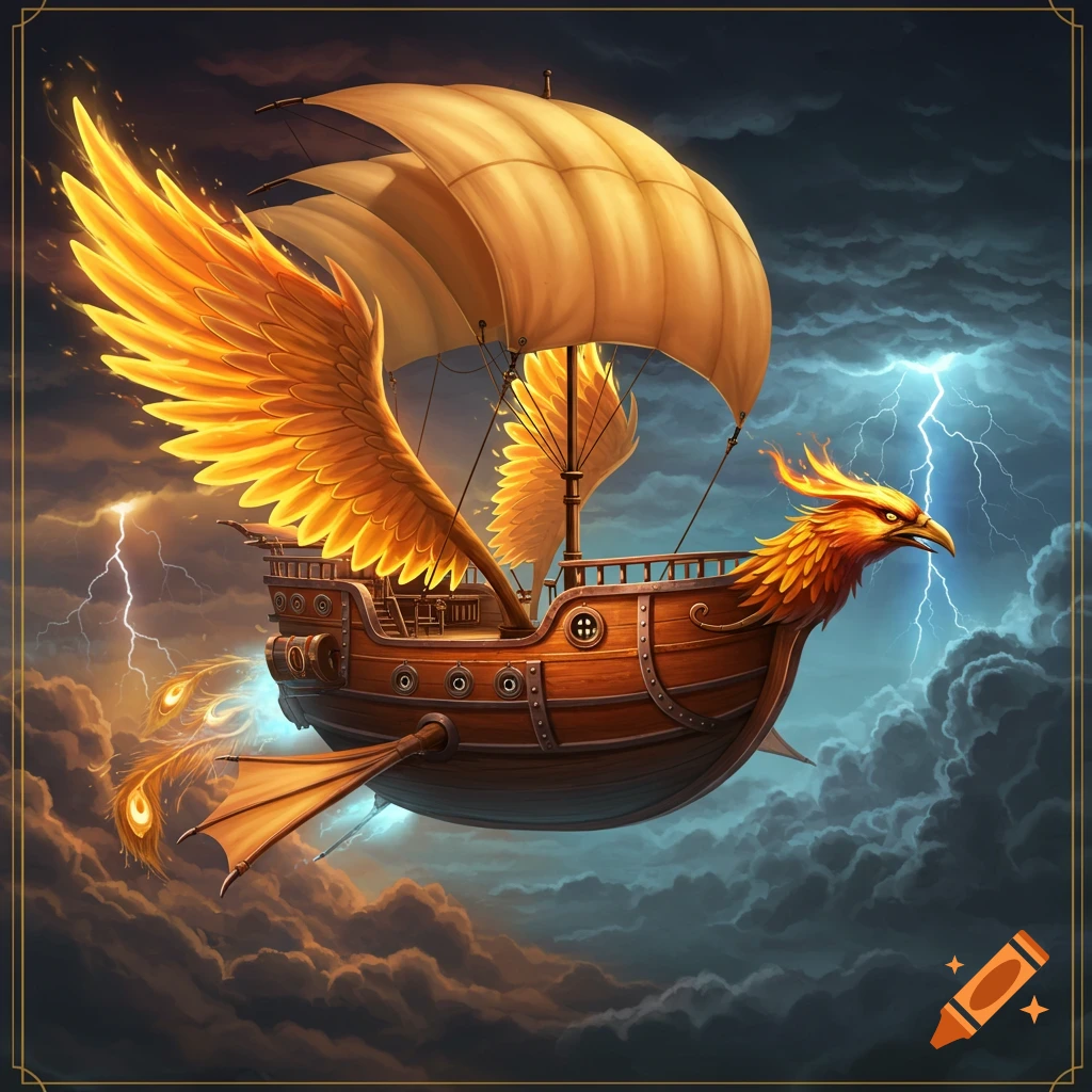 A flying wooden ship with golden phoenix wings and head, sailing through a stormy sky with lightning.