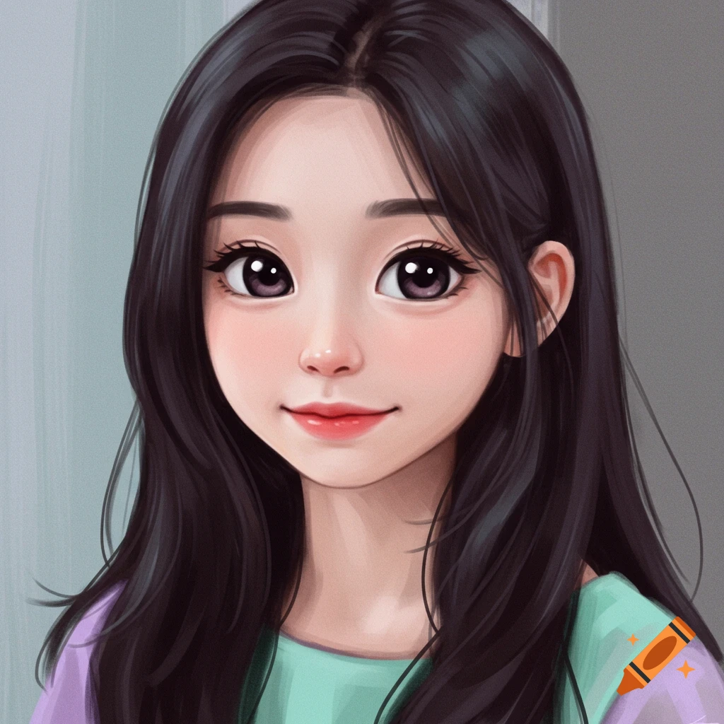 A young woman with long black hair and large eyes, wearing a purple and green shirt.