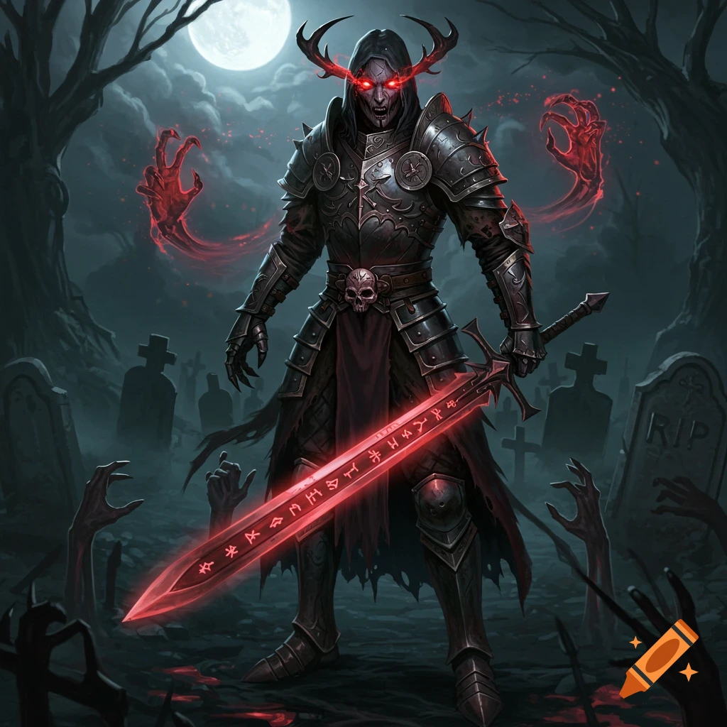 Dark fantasy necromancer knight with glowing red eyes and sword in a graveyard with rising zombies.