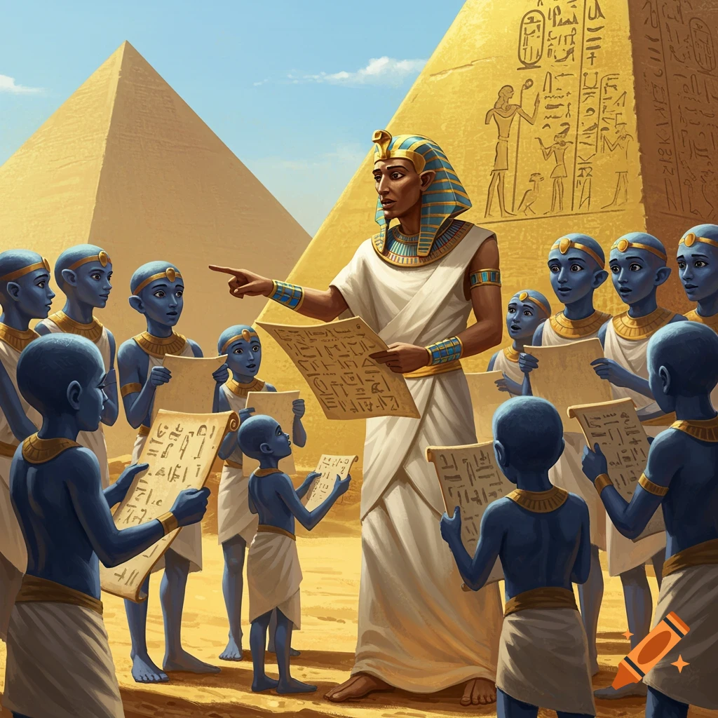 An Egyptian figure teaching blue-skinned students holding scrolls in front of pyramids.