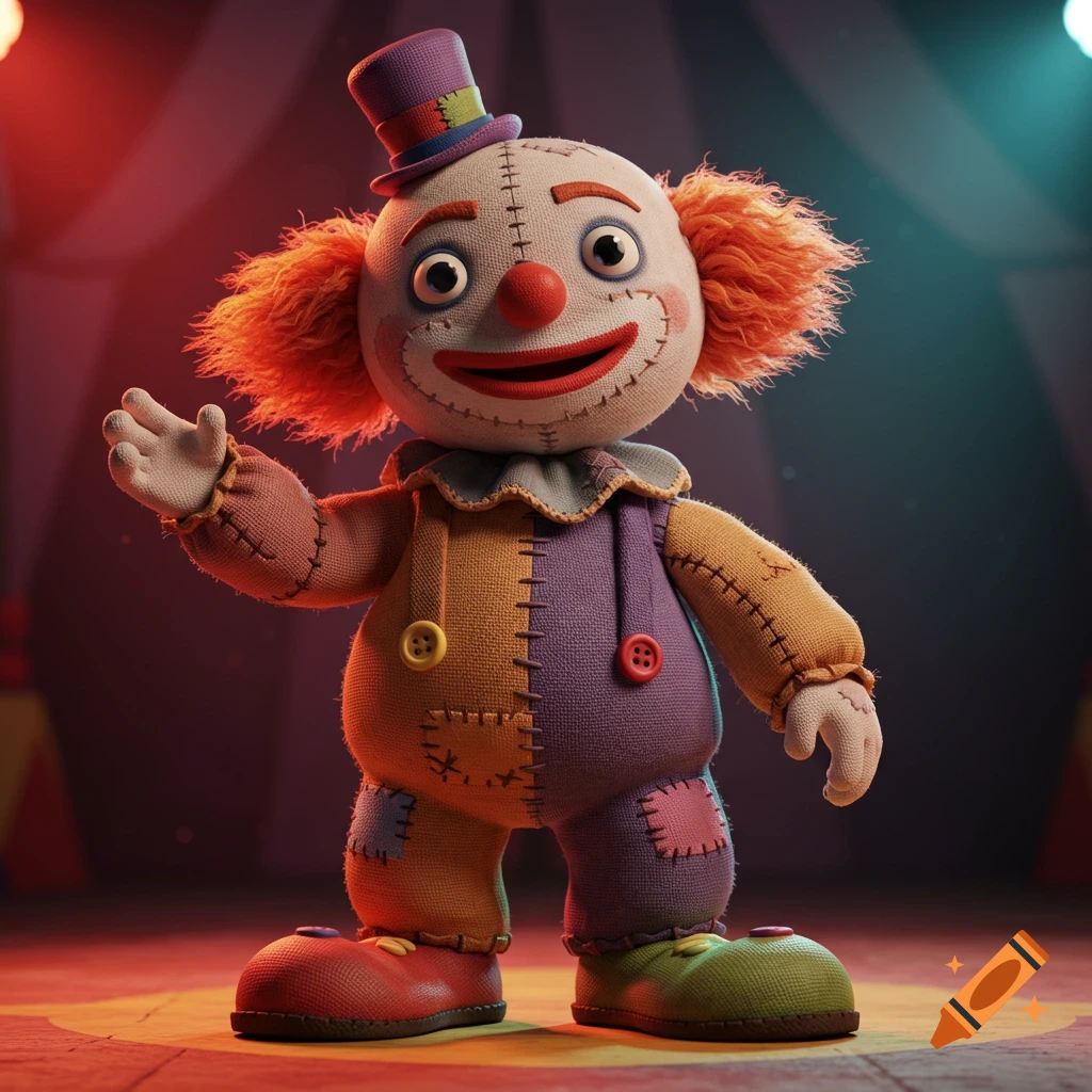 Patchwork clown doll on a stage
