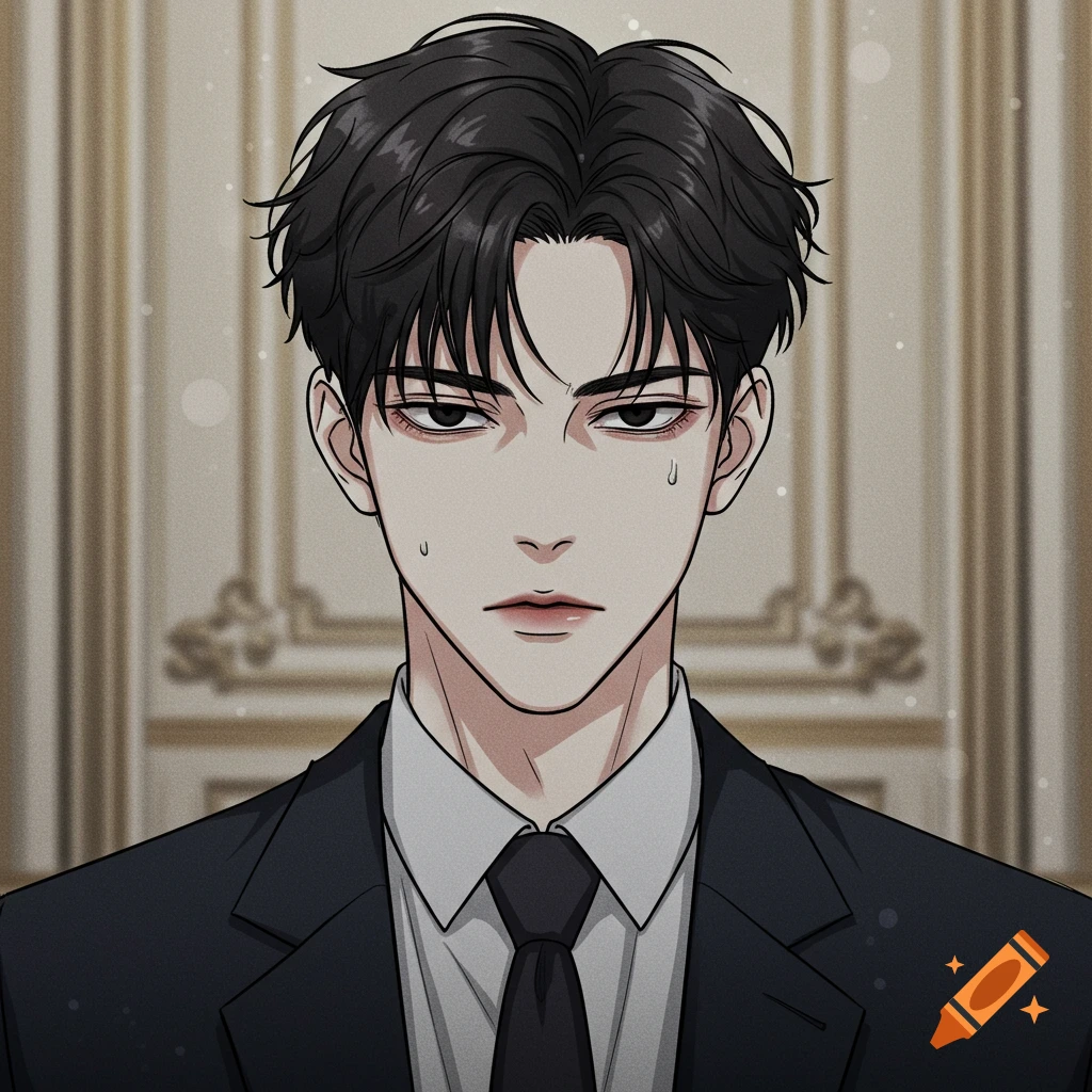 Anime portrait of a man in a suit looking stressed with sweat drops.