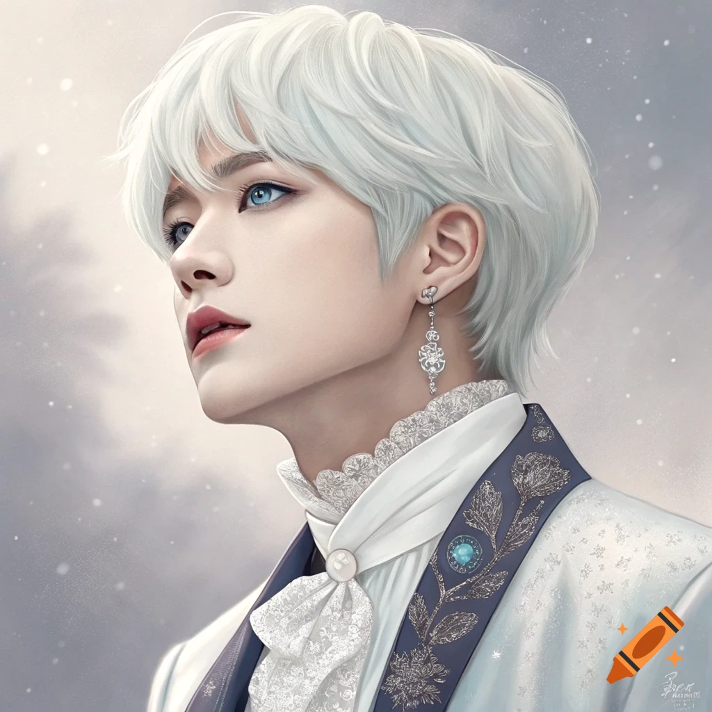 Detailed portrait of a person with white hair, blue eyes, wearing a white ornate jacket and ruffled shirt in a snowy setting.