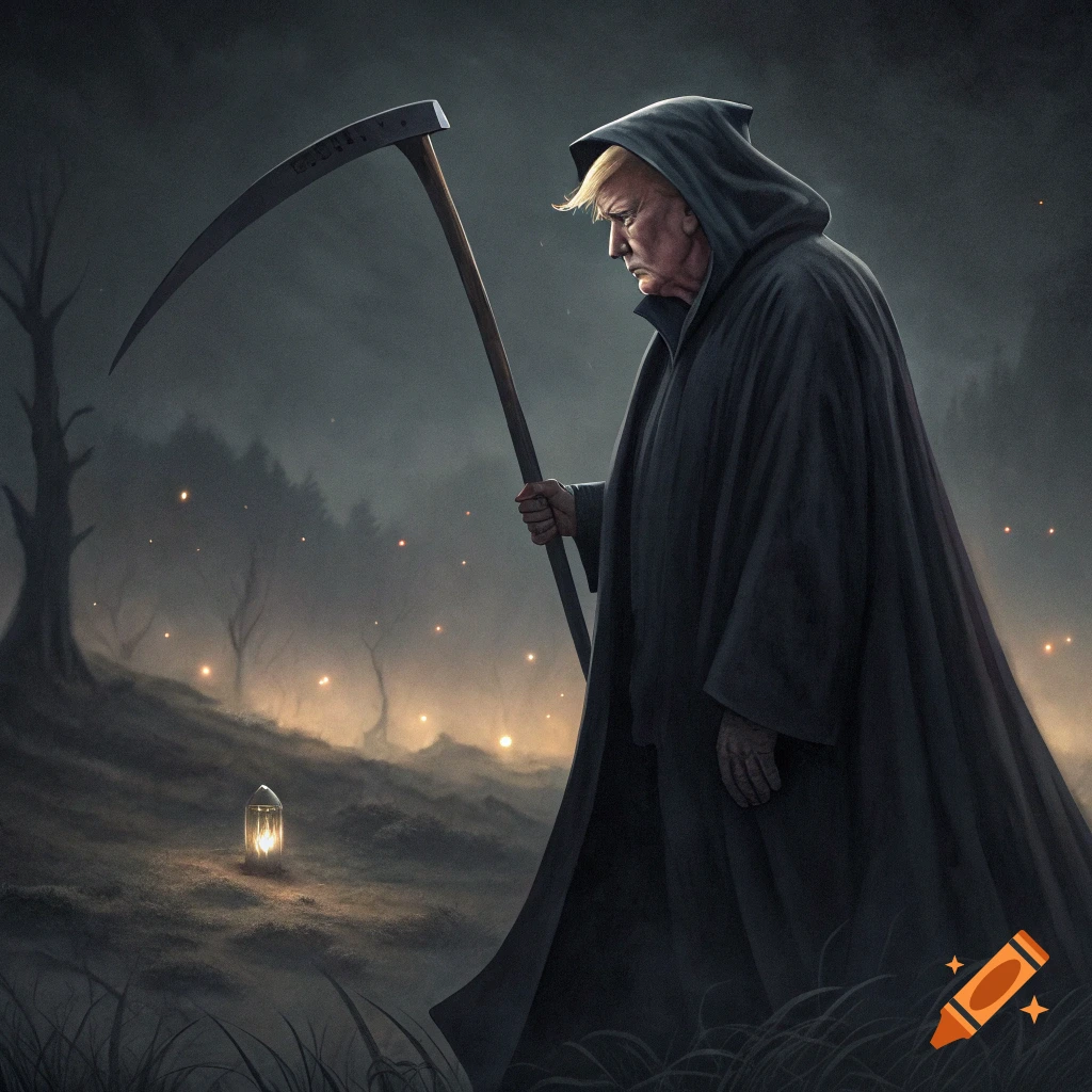 Donald Trump dressed as the Grim Reaper in a dark, misty landscape with glowing lights.