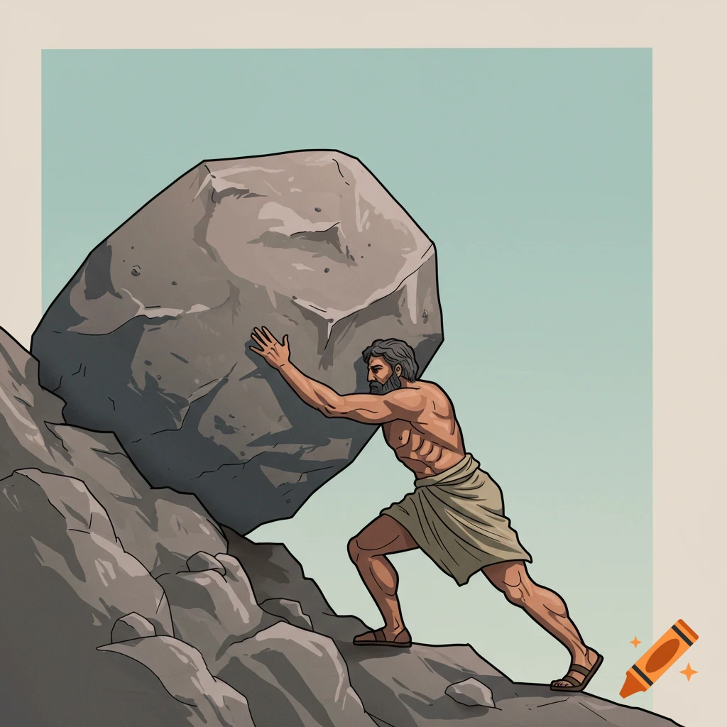 Illustration of Sisyphus pushing a large rock up a hill