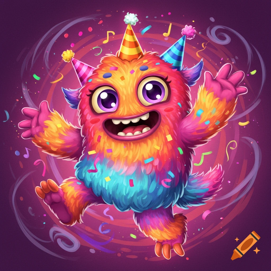 Colorful fluffy monster wearing party hats dances excitedly among confetti and musical notes, digital illustration.