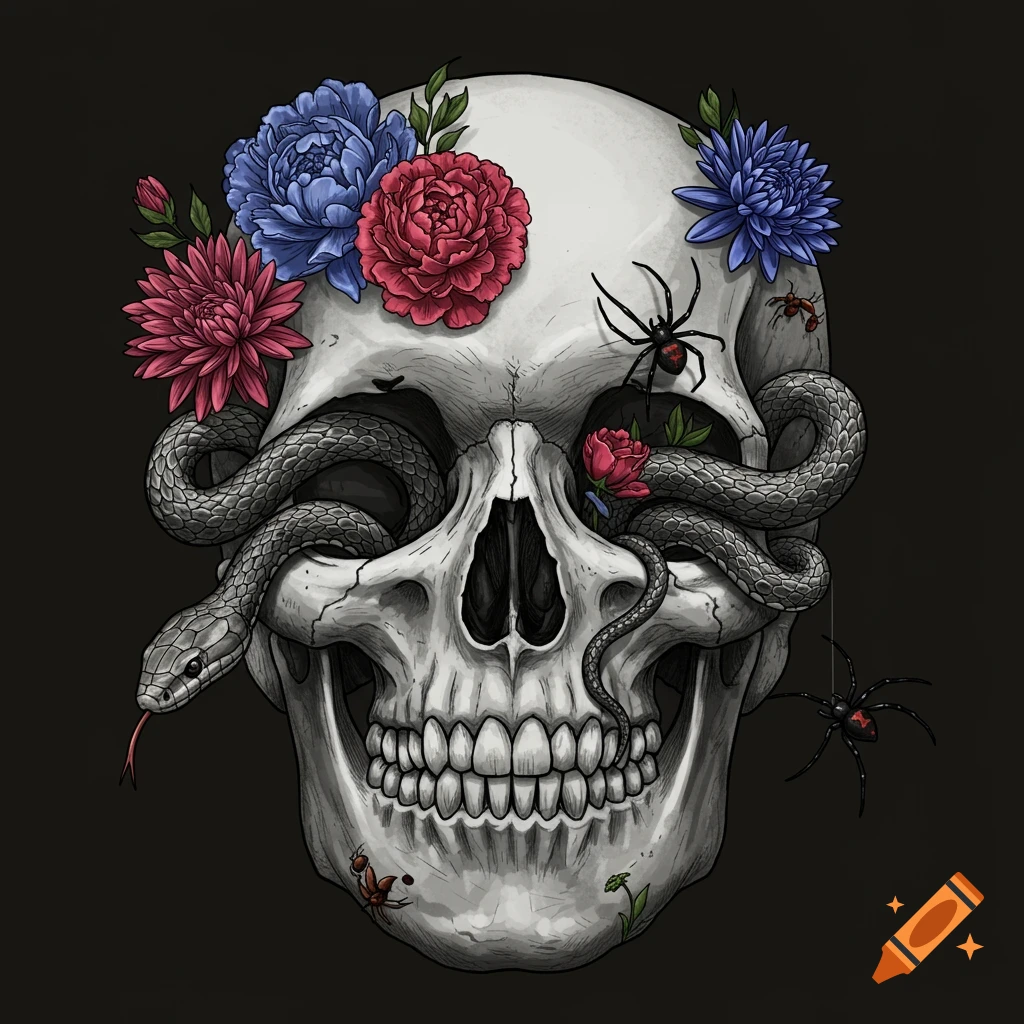 A skull adorned with flowers, snakes, and spiders on a dark background.