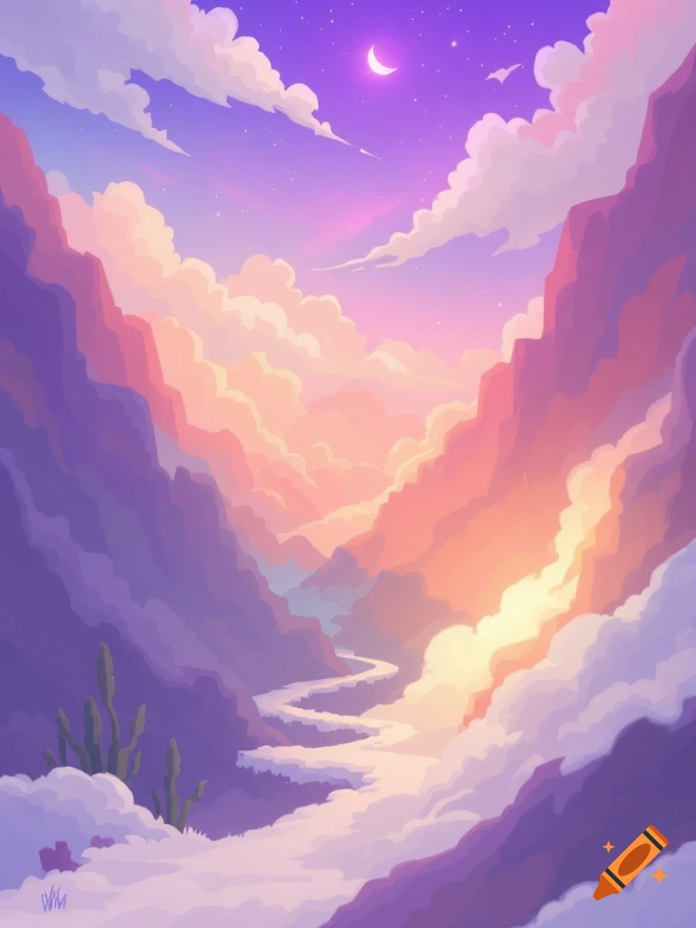 Colorful fantasy landscape with purple mountains, orange clouds, a crescent moon, and a winding cloud path.
