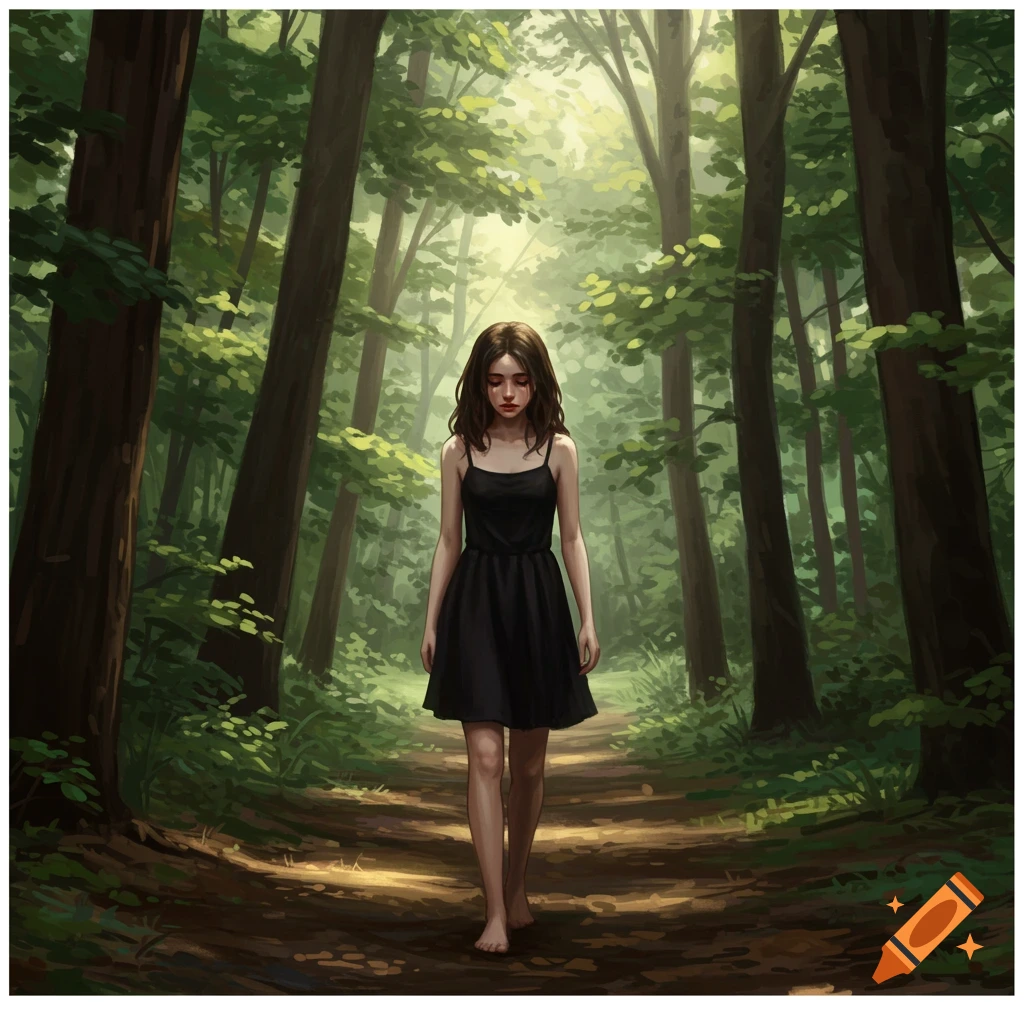 Girl in black dress walking through a sun-dappled forest path.