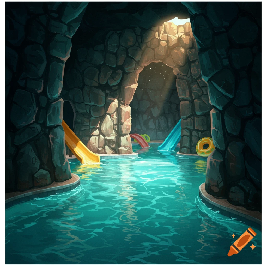A waterpark pool inside a rocky cave with slides and a float.