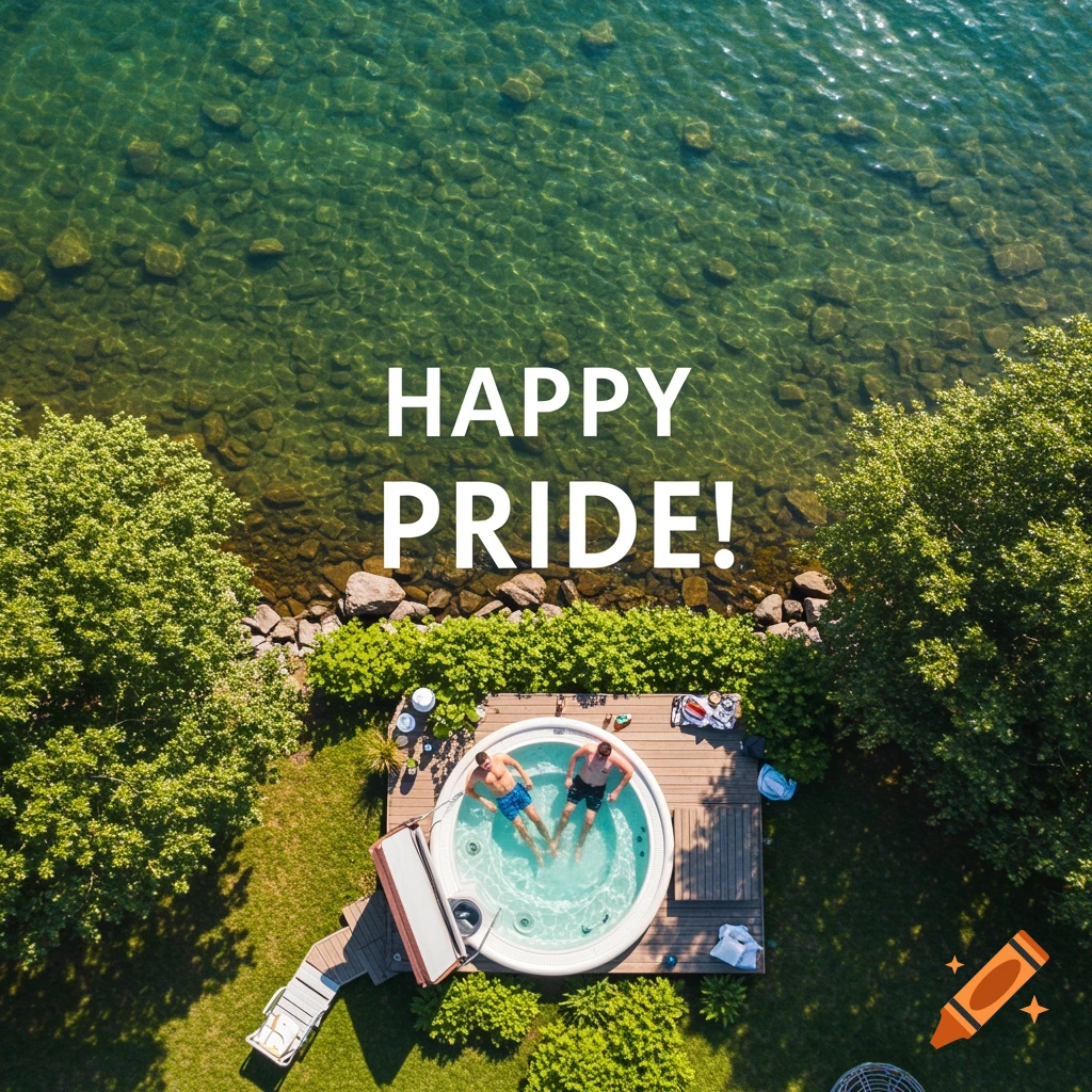 Aerial view of two men in a hot tub outdoors with text 'Happy Pride!' overlaid.