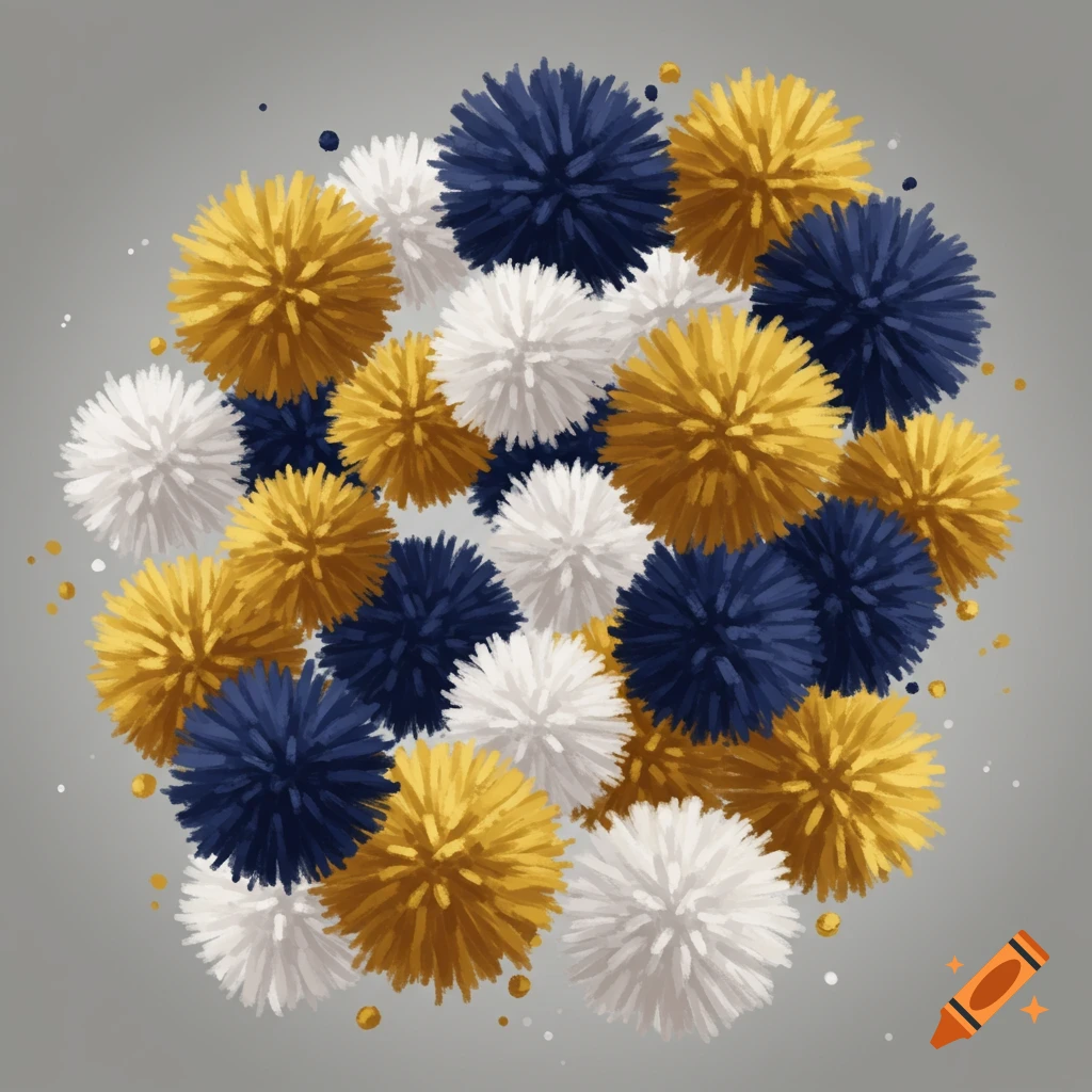 Navy blue, gold, and white pom poms.