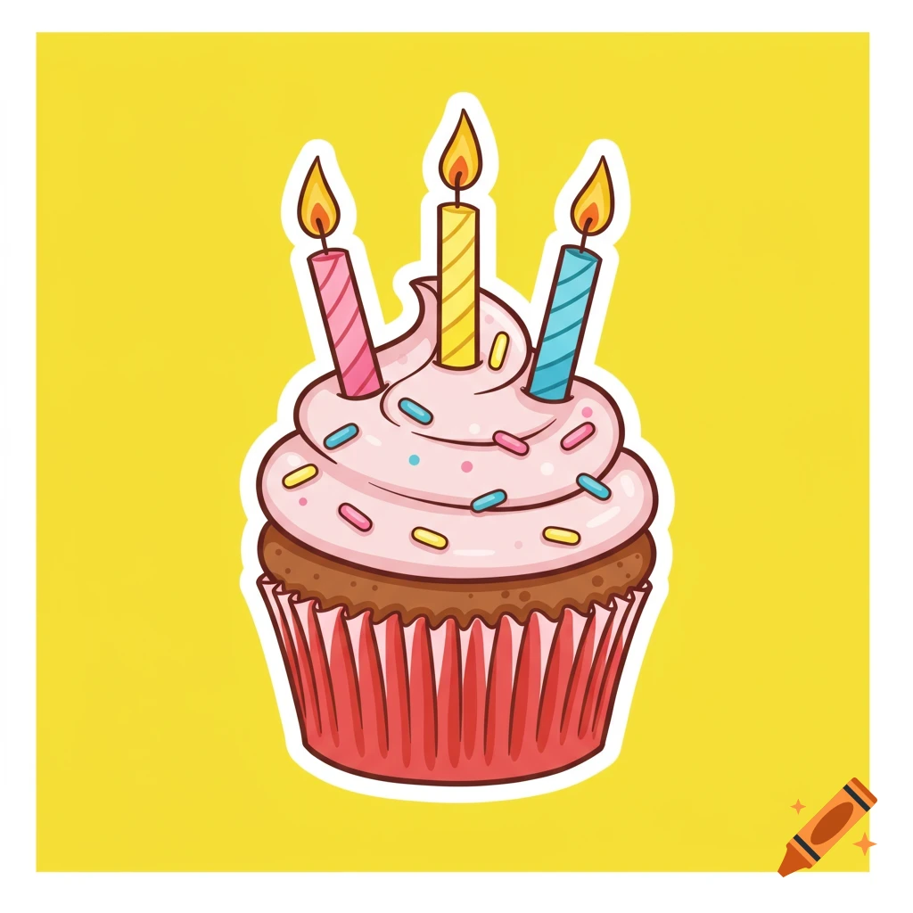 Clip art cartoon cupcake with pink frosting, colorful sprinkles, and three lit birthday candles on a yellow background.