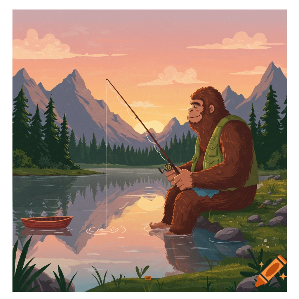 Bigfoot fishing in a lake at sunset.