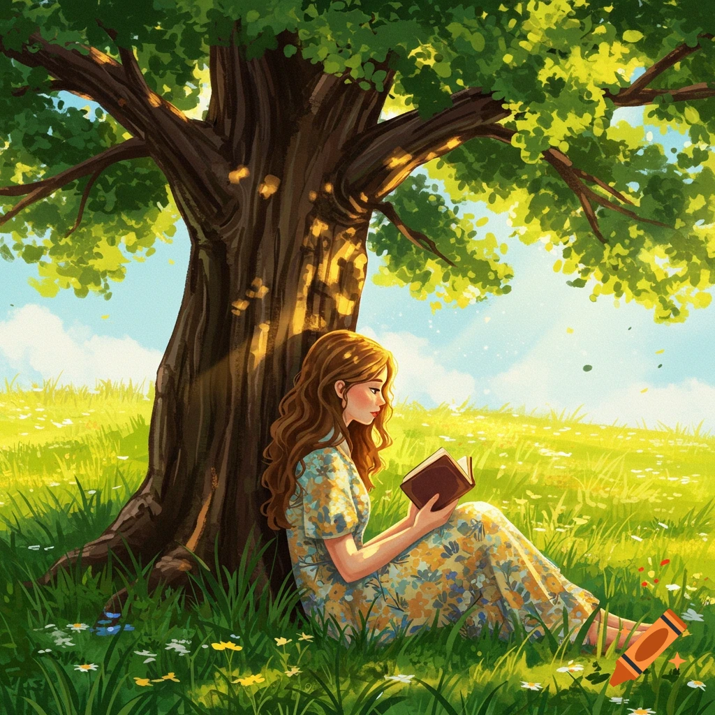 A woman reading a book under a tree in a sunny meadow.