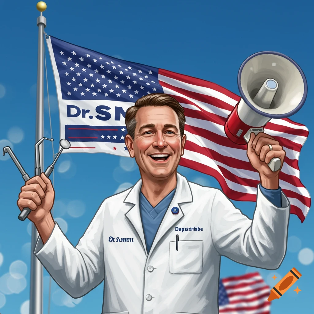 Smiling man in a lab coat holding dental tools and a megaphone in front of an American flag.