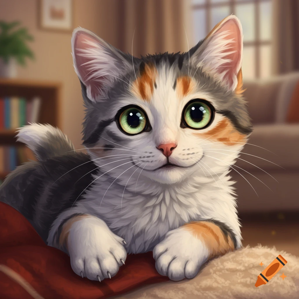 A cute calico tabby cat with big green eyes