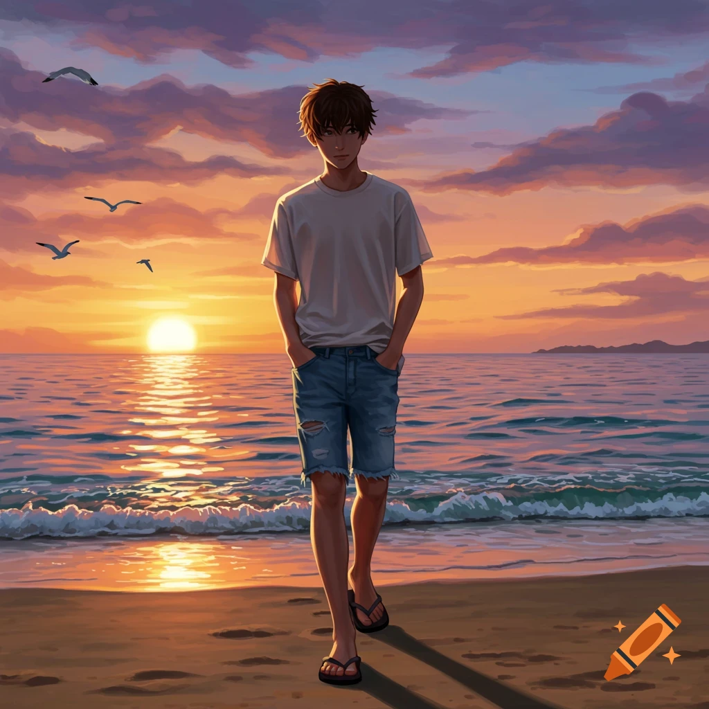 Anime style depiction of a young man walking on a beach at sunset.