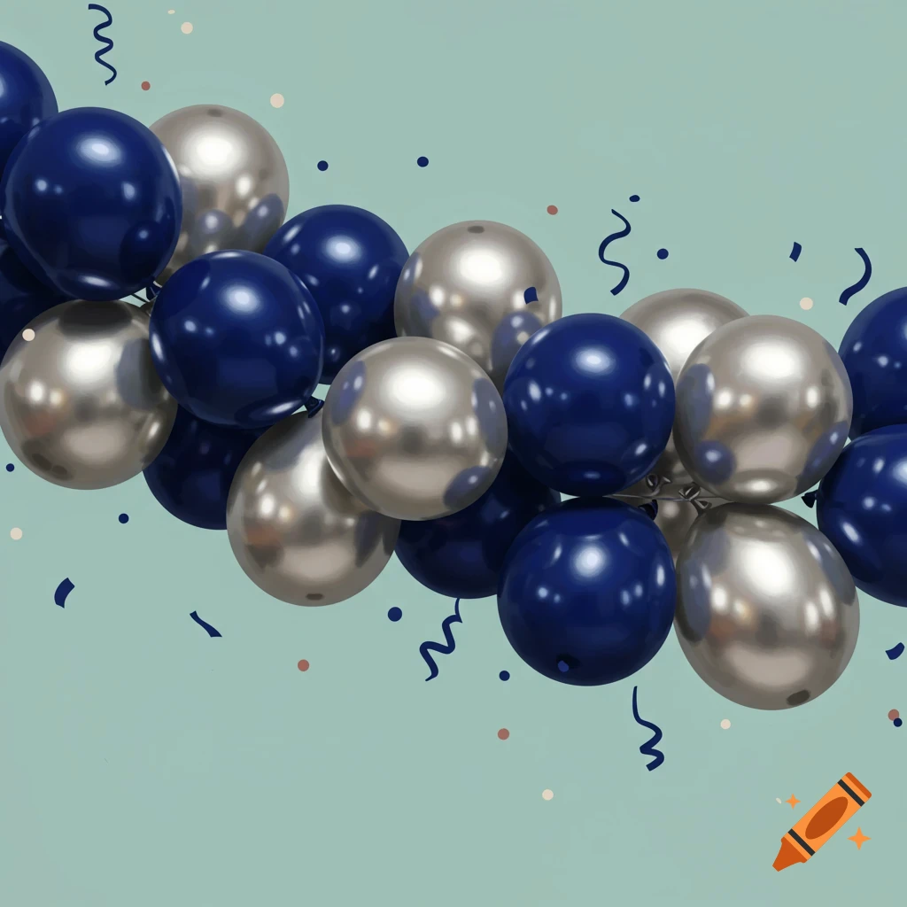 Navy and silver balloon garland with confetti and streamers.