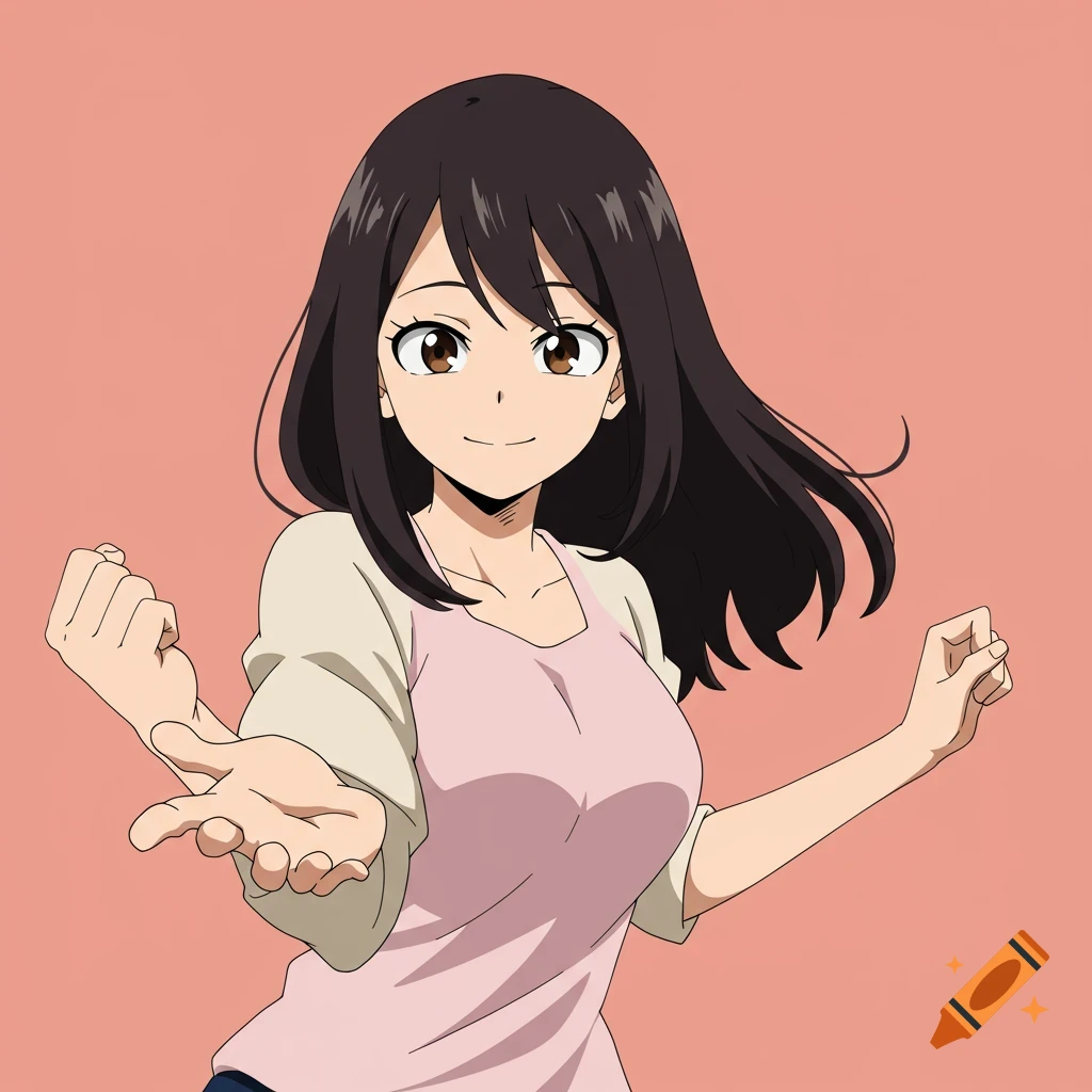 Anime portrait of a smiling woman with dark hair reaching out.