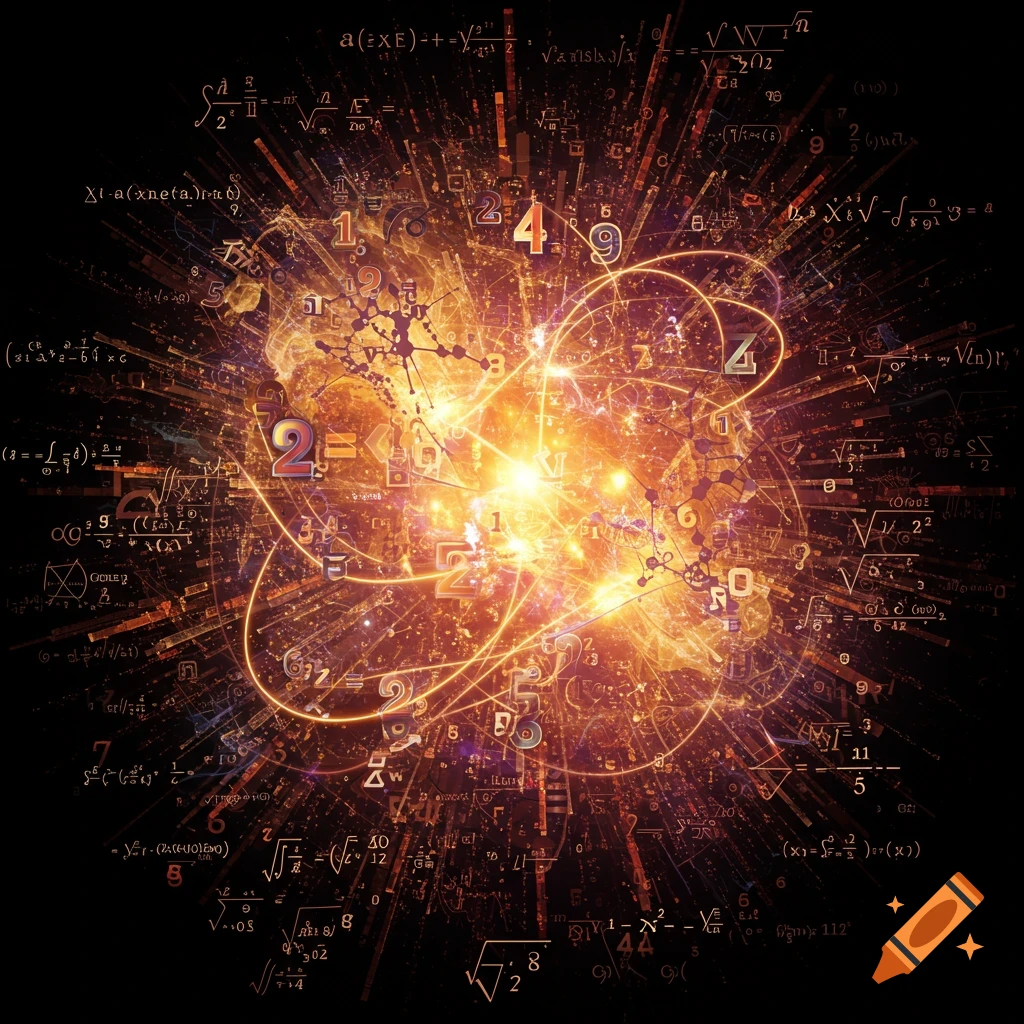 Abstract depiction of mathematics with numbers, symbols, and glowing lines.